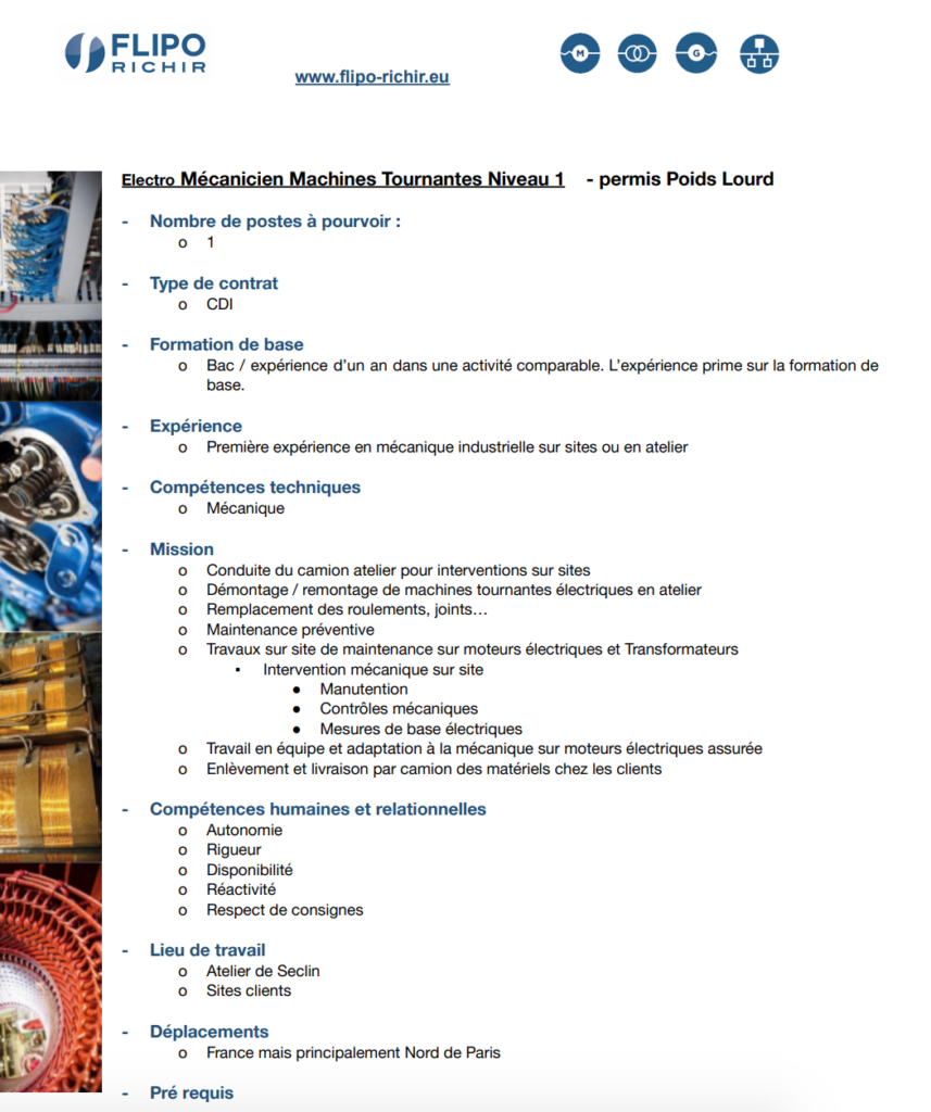 ÉLECTRO MECANICIEN MACHINES TOURNANTES NIVEAU 1 AVEC PERMIS POIDS LOURD l Flipo Richir