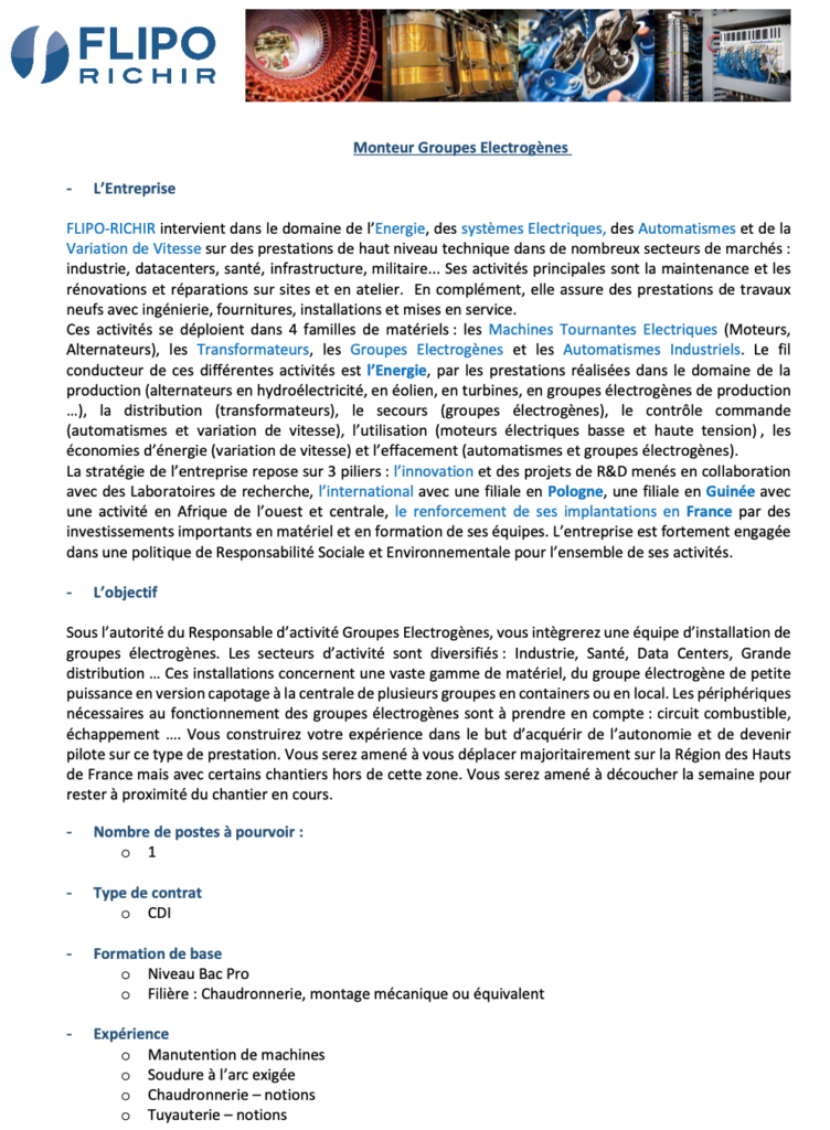 monteur groupes électrogènes