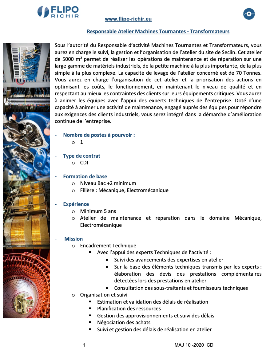 Flipo Richir recrute un responsable d'atelier Machines 