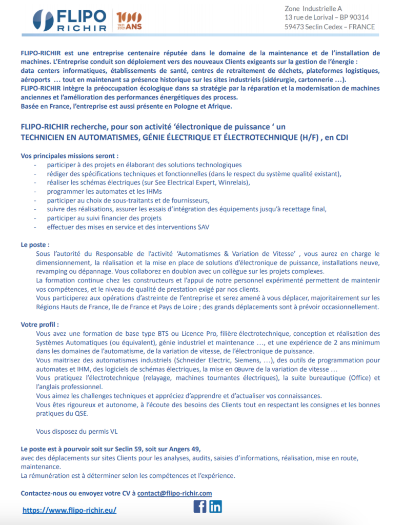 Technicien en automatismes, Génie électrique et électronique (H:F) l Flipo Richir