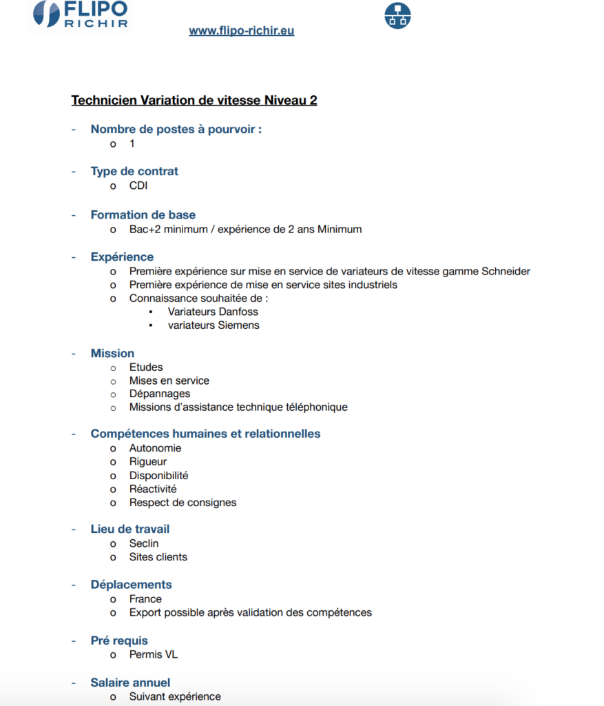 Technicien Variation de vitesse Niveau 2 - H:F l Flipo Richir